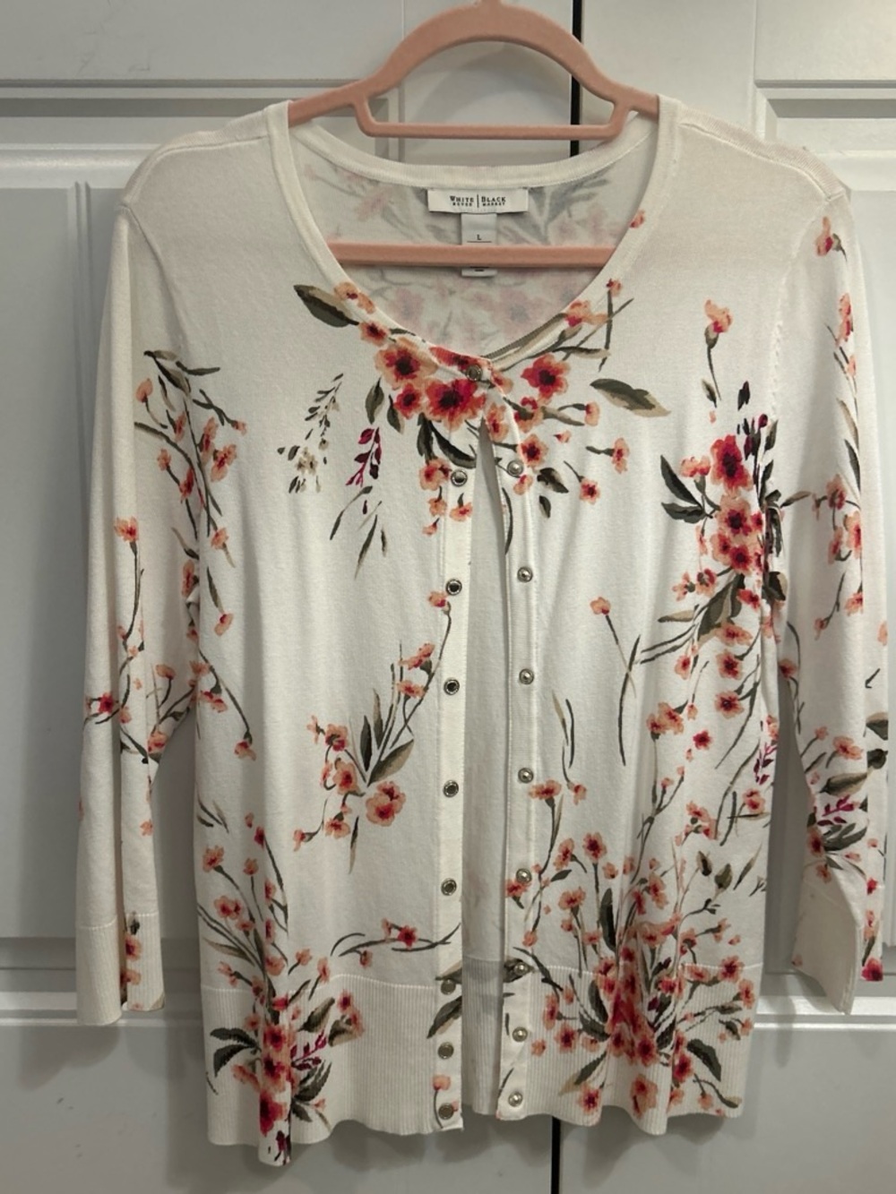White House Black Market Cream Floral Button-Front Cardigan